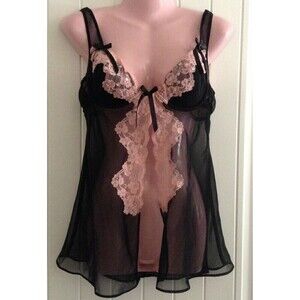 Jacalyn for Fredericks Women's Chemise Nightgon Medium Black Babydoll Pink Lace